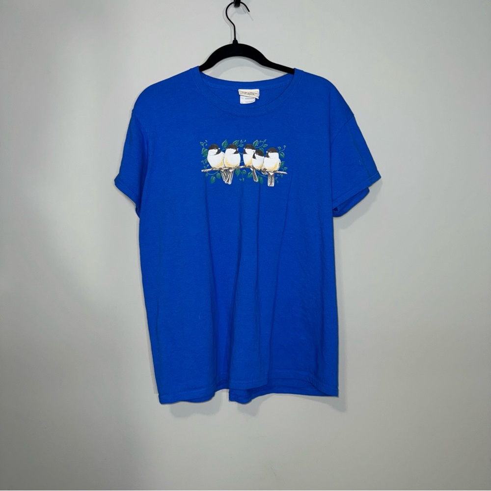 Top Stitch by Morning Sun‎ Womens XL Blue Bird Graphic T-Shirt Chickadees Nature